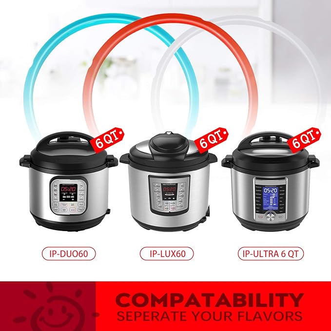 6QT Silicone Sealing Ring 3 Pack with Steam Release Valve | Fits Instanpot Duo/Lux/Ultra 5QT & 6QT Cookers, Dishwasher Safe.