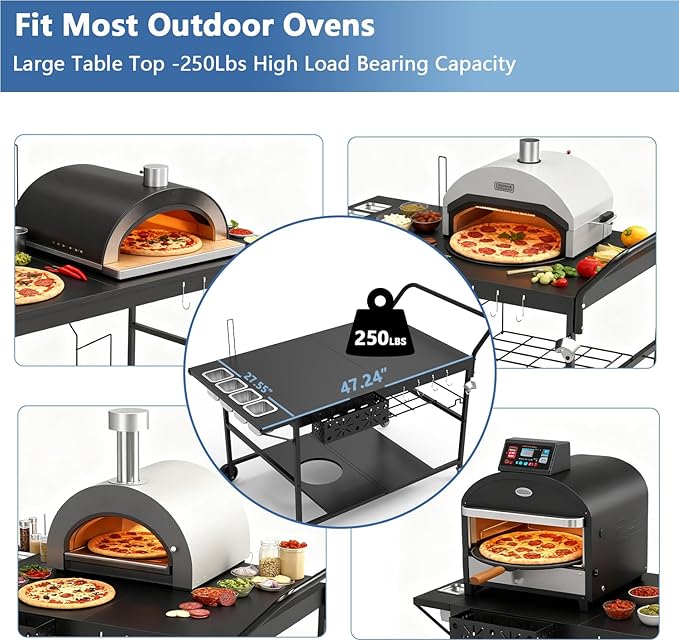 Pizza Oven Stand Table with Propane Storage, Outdoor Grill Carts with Wheels, Use for Outdoor Cooking BBQ, Fits Blackstone Griddle, Metal Black Large Size 47 * 27.5 Inch.