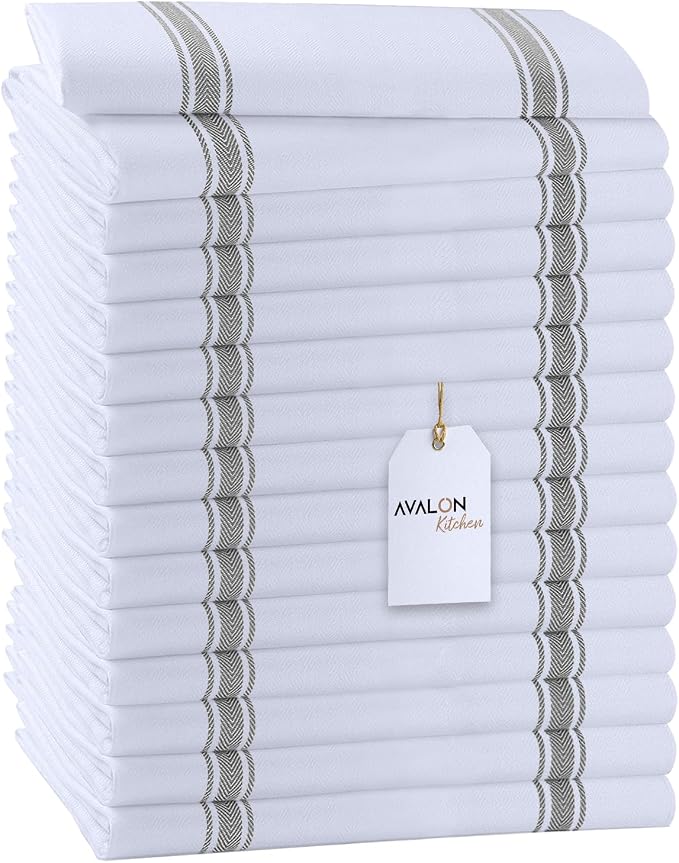 Dish Towels 15 Pack Grey Stripe 100% Cotton Kitchen Towel 15x25 Inch Tea Towels by Avalon+Kitchen