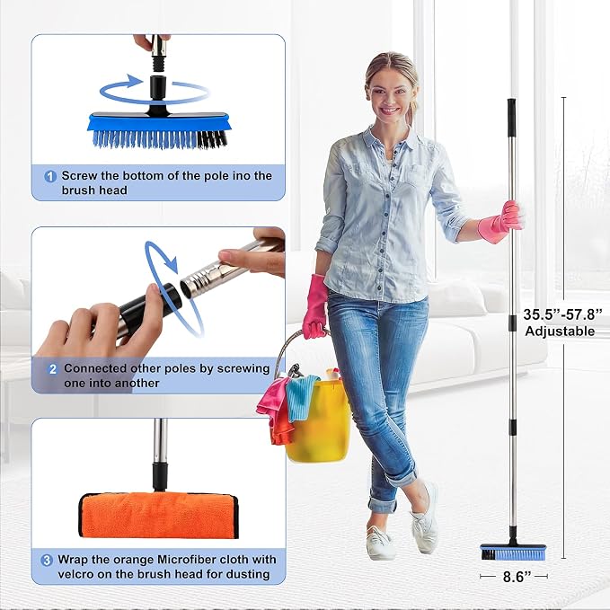 Grout Cleaner Brush with Long Handle, V-Shaped Floor Scrub Brush Swivel Grout - Image 4