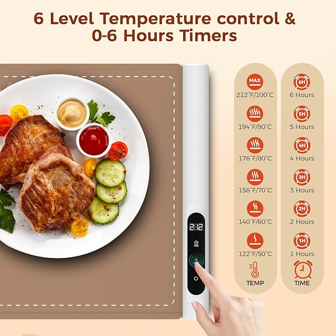 Graphene Warming Mat for Food - Fast Full Surface Heating Electric Warming Tray, Portable Food Warmer for Parties Buffet with 6 Temperature and Timer Settings, Brown