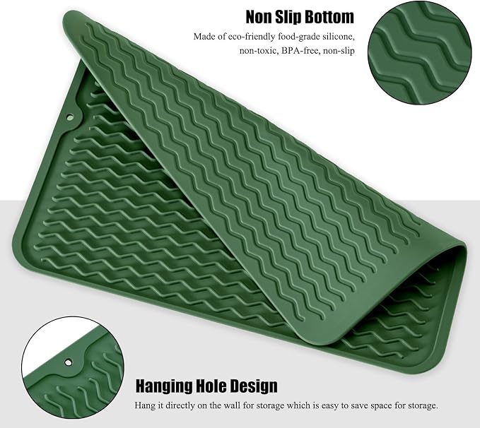 Silicone Dish Drying Mat, Non-Slip Easy Clean Sink Mat, Dark Green, Large - Image 3