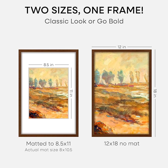 Homeforia 12 x 18 Walnut Wood Frame, High End Dark Oak 12x18 Brown Picture Frame with Mat 8.5x11 Photo, 12 x 18 Wooden Poster Frame Matted to 8.5 x 11, 18x12 Frames, Tempered Glass, Wall Kit, Set of 2