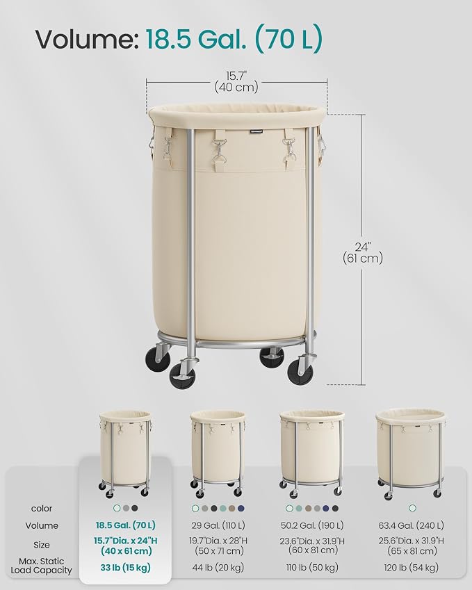 SONGMICS Laundry Basket with Wheels, 18.5 Gal., Steel Frame, Removable Bag - Image 6
