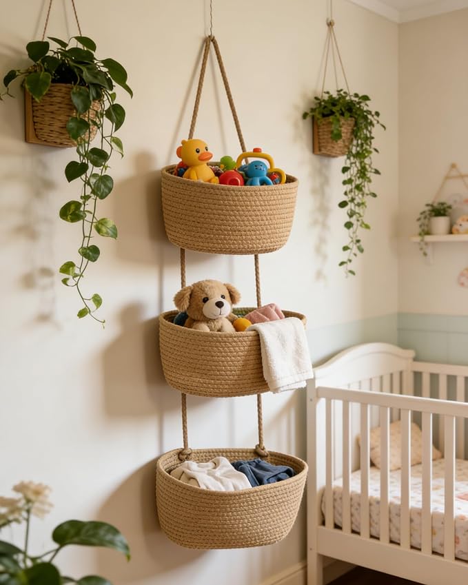 3-Tier Over the Door Hanging Basket, Cotton Rope Woven Decorative Hanging - Image 6