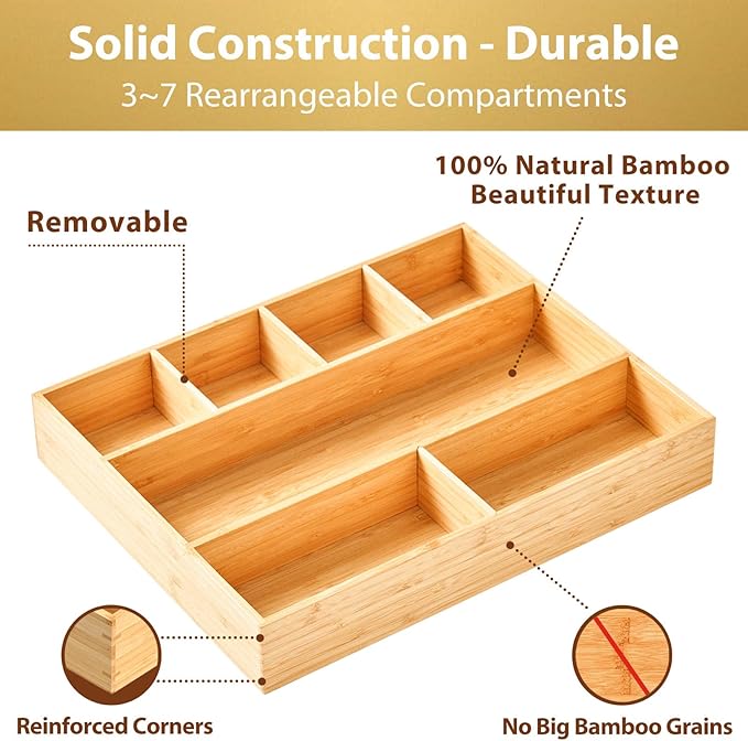 Large Bamboo Desk Drawer Organizer, Wood Office Junk Tray - Image 5