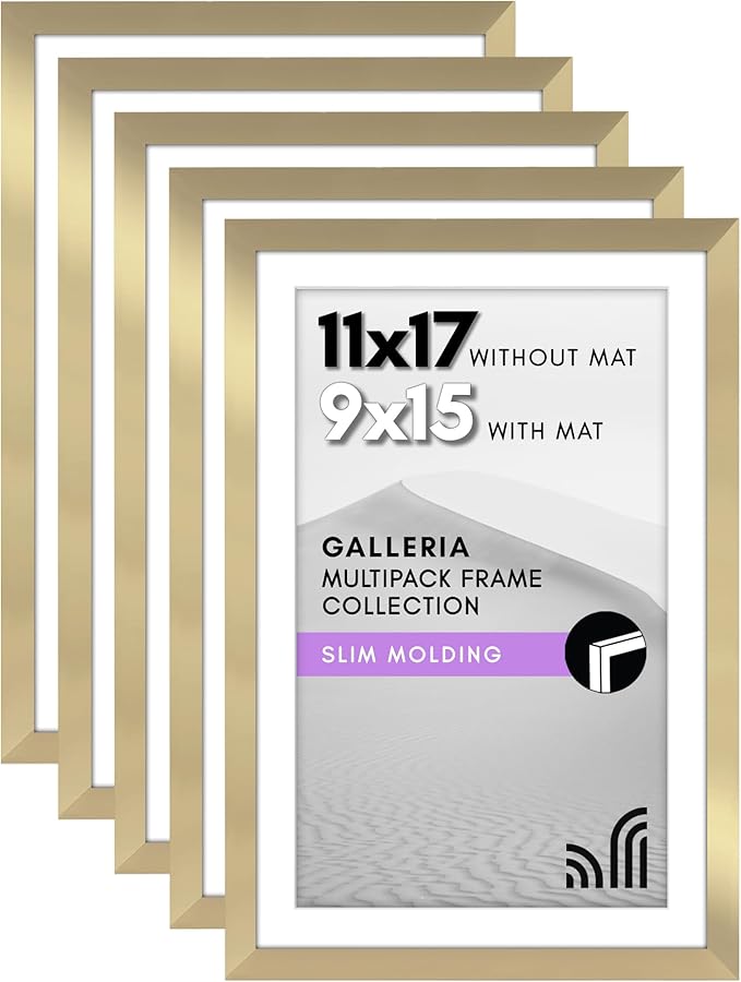 Americanflat 11x17 Picture Frame with Polished Plexiglass - Set of 5 - Use as 9x15 Frame with Mat or Display 11x17 Photo Without Mat - Galleria Collection - Picture Frames for Wall Display - Gold