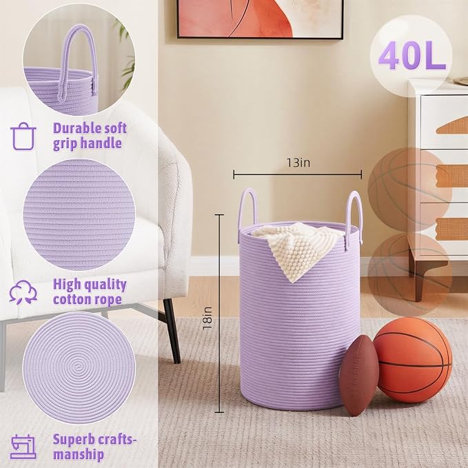 Artfeel Laundry Basket, Woven Cotton Rope Laundry Hamper, 40L - Image 6