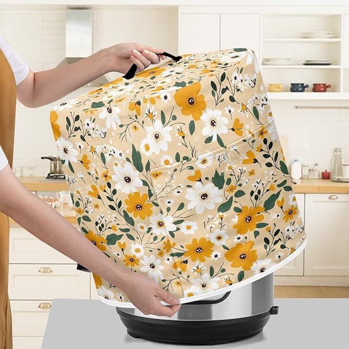 Kitchen Appliance Dust Cover for 6 Quart Pressure Cooker/Air Fryer/Rice Cooker Dust & Stains Protection Cover with Top Handle and Storage Pocket Yellow White Daisy Flowers