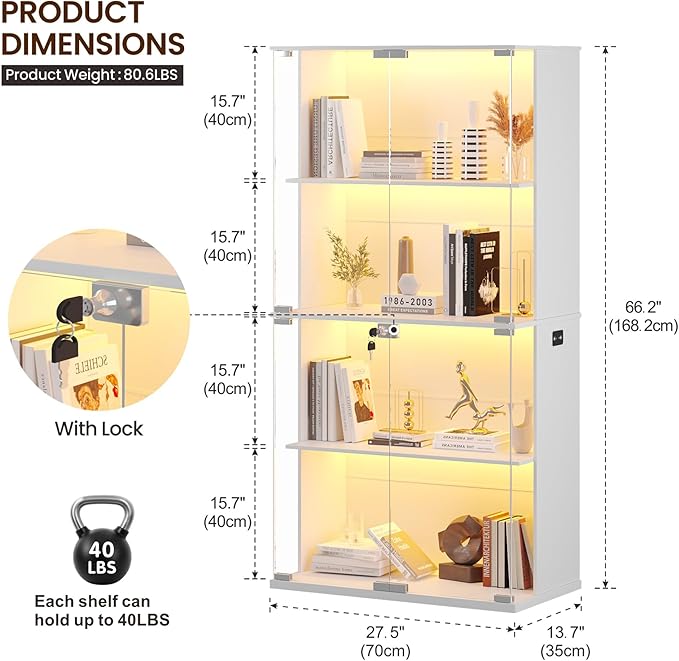 Lvifur Display Cabinet with Glass Doors,66' Curio Cabinet with Adjustable Shelf and Lockable,4-Tier Bookcase with 3 Color Lights for Collectibles,Storage Cabinets with Human Body for Books,Toys,White