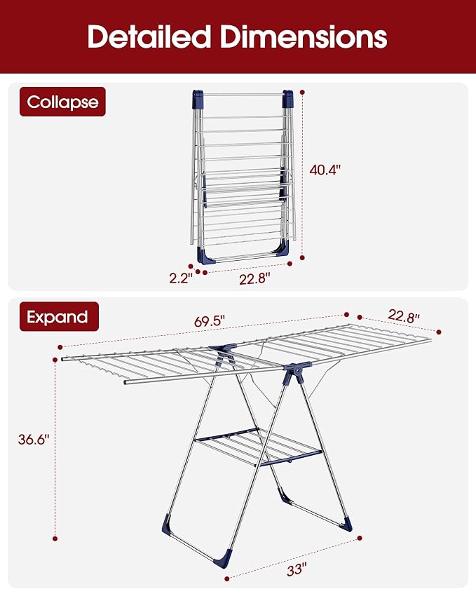Sakugi Clothes Drying Rack, 69.5" Adjustable Wings, Foldable Design | Laundry - Image 3