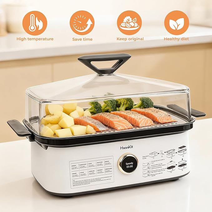 Electric Food Steamer with Boron Glass Lid, 450°C high-temperature steam, fast cooking for Vegetables, seafood, stew, disinfection, built-in program,One-Touch Control,8 Quart,1800W,White