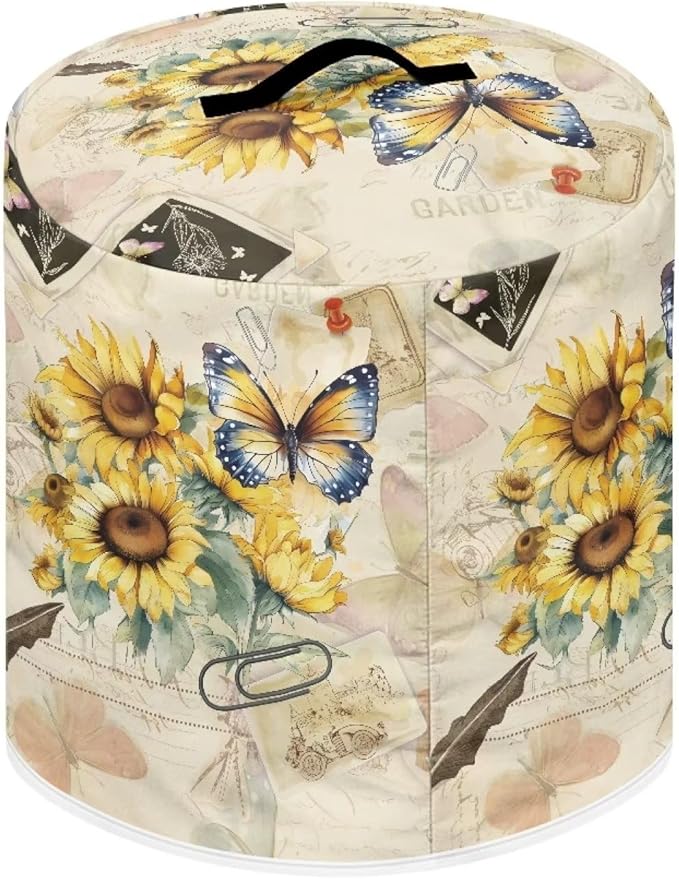 Insulated Pressure Cooker Appliance Cover, Also Fit for Rice Cooker, Air Fryer and Crock Pot, 3 Qt Dust Cover with Pocket for Spoon/Cooking Utensils/Recipes, Butterfly Sunflower Retro