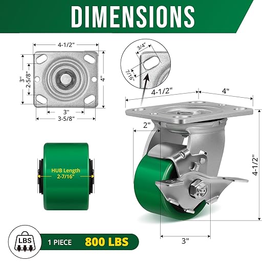 3 Inch Caster Wheels, Heavy Duty Caster with Strong Load-Bearing, Polyurethane Wheel on Steel Hub, Supports 800 lbs Each(2 Pack Brake)