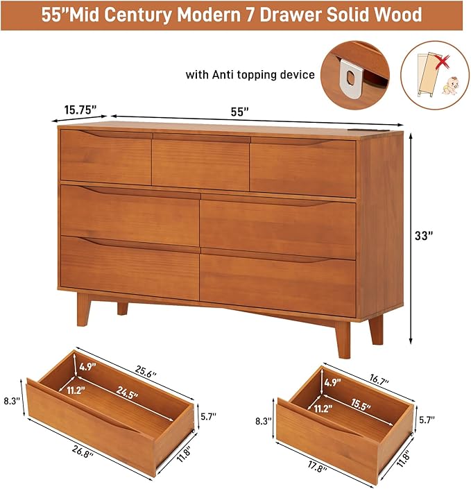 55”Solid Wood Drawers Dresser with Power Outlets, 7 Drawer Dresser for Bedroom, Mid Century Modern Vintage Large Chest of Dresser for Hallway, Entryway,Cutout Handle, Storage Essentials, Caramel