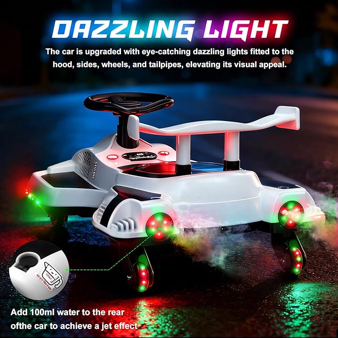 12V Electric Wiggle Car Ride On Toy, Swing Car with Pedal, for Kids from Ages 3 and Up, Birthday Gifts for Boys and Girls, Anti-Rollover, Flashing Wheels, Bluetooth (Black+White)