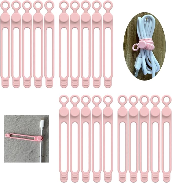UMUST 20Pcs Silicone Cable Ties, Cable Management Cord Organizer Pink | by ELECTRONICACCESSORIES