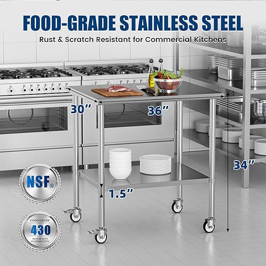 Stainless Steel Work Table with Wheels, 30x36 Inch NSF Kitchen Prep Table with Adjustable Undershelf for Commercial Restaurant, Garage, Outdoor BBQ