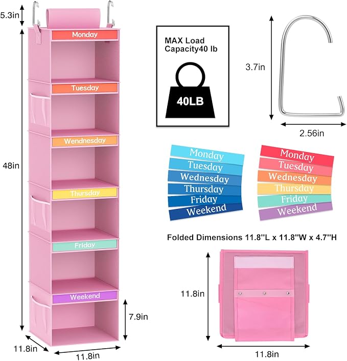 Fixwal Weekly Kids Clothes Organizer 6-Shelf Hanging Closet Storage Pink | - Image 2