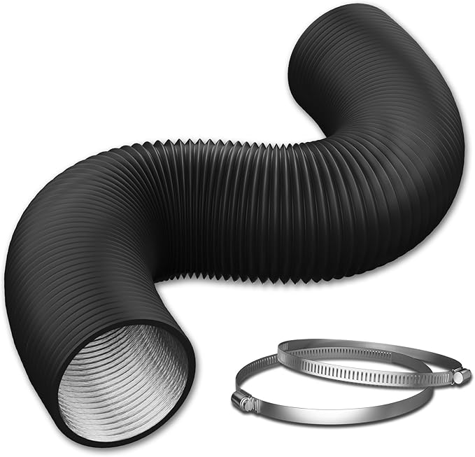 8 Inch Flexible Ducting Hose 12 Feet Black Aluminum Ducting -4 Layer Protection Dryer Vent Hose for HVAC Heating Cooling Ventilation and Exhaust, 2 Clamps Included