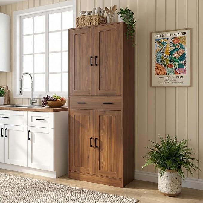 71" Tall Kitchen Pantry Cabinet, Freestanding Storage Cabinet with Drawer and 4 Doors, Large Brown Utility Floor Cupboard with Adjustable Shelves for Dining Room, Bathroom, Home Office