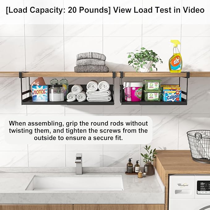 Expandable Under Cabinet Shelf Organizer with 1.25 Inches Thick Clips, Heavy Duty Extendable Under Shelf Storage Basket for Pantry or Laundry Room, Black, 2 Pack, Interior: 5.7" H x 8.54" D
