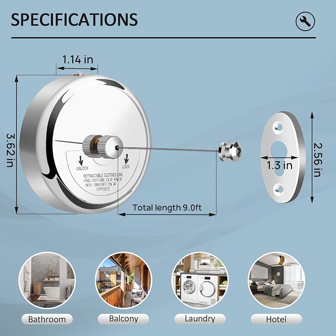 Clatoon Retractable Clothesline 9.0 Feets Adjustable, 304 Stainless Steel - Image 5