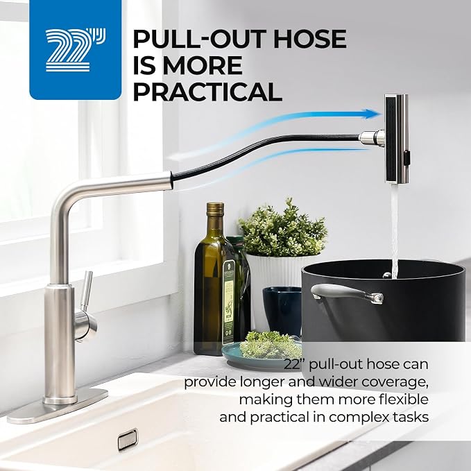WEWE Waterfall Kitchen Faucet, Pull-Down Sprayer, Brushed Nickel | Spray - Image 4