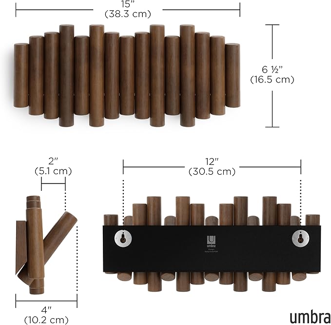 Umbra Picket Coat Rack, Wall Mount 5 Flip-Down Coat Hooks, Walnut | Beveled - Image 3
