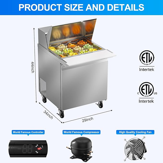 29" W Commercial Refrigerator Sandwich Salad Prep Table, 7.6 Cu.ft 1 Door Commercial Stainless Steel Mega Top Food Prep Fridge with 12 Pans, Salad Prep Station for Restaurant, Bar, Shop
