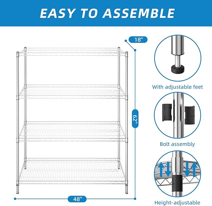 4-Shelf Adjustable Metal Shelf Wire Shelving Unit Heavy Duty Storage Rack Shelf for Office,Kitchen,Bedroom,Bathroom,Laundry,Pantry Basement,Garage(Chrome,48" L x 18" W x 62" H)