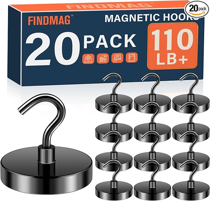 FINDMAG Black Magnetic Hooks, 110LB+ Magnet Hooks by FINDMAG