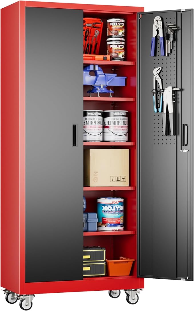 Aobabo Metal Garage Storage Cabinets with Wheels,Steel Cabinets with 5 Adjustable Shelves for Garage Home Office Storage, Red-Black,Assembly Required