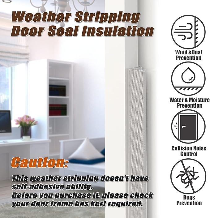 26 FT Door Frame Kerf Non-Adhesive Weather Stripping Seal Strip PU Foam, PE Cover, Groove Slot Installation for Large Gap, Sound Heat Insulation, Dust Water Prevention (26ft, White, Flanged)