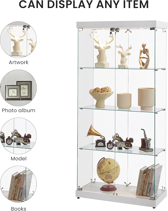Yoluckea 4 Shelves Glass Display Cabinet with Light and 2 Doors, Floor Standing Clear Glass Curio Cabinet Collection Display for Living Room Bedroom 66.3” x 31.5” x 14.2” White