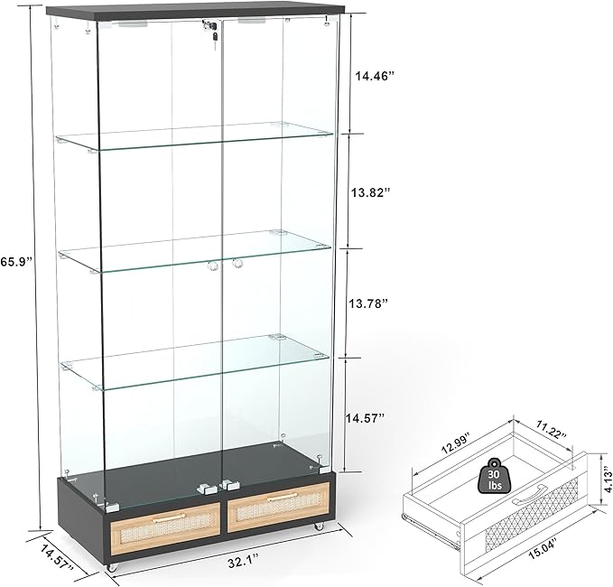 Yoluckea 4 Tier Glass Display Cabinet with LED Lighting and 2 Drawers, 2 Doors Floor Standing Curio Cabinet with Wheel for Home, Office, Corner Display, Black Glass Bookshelf for Collections and Decor