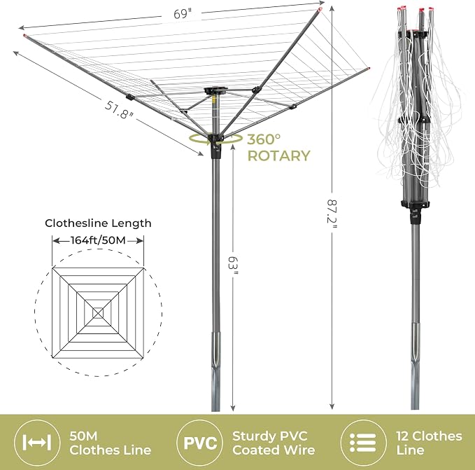 Outdoor Clothes Drying Rack, Portable Umbrella Clothesline, 4-Arm 12 Lines of - Image 3