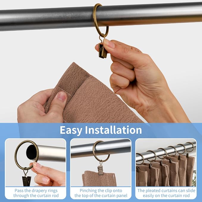 Curtain Rings with Clips, 44 Pack Metal Drapery Rings with Clips Hooks Hangers - Image 6