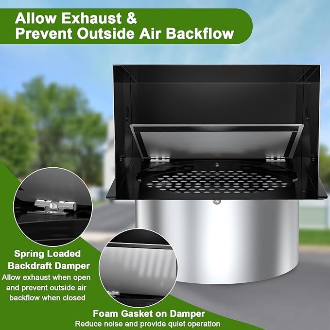 10 Inch Hooded Wall Vent, Dryer Wall Vent Cover Outside with Screen & Damper, Hooded Wall Exhaust Vent Cover, Outdoor Air Vent Cap for Range Hoods/Kitchen/Bathroom/Laundry/Basements/Garages, Black
