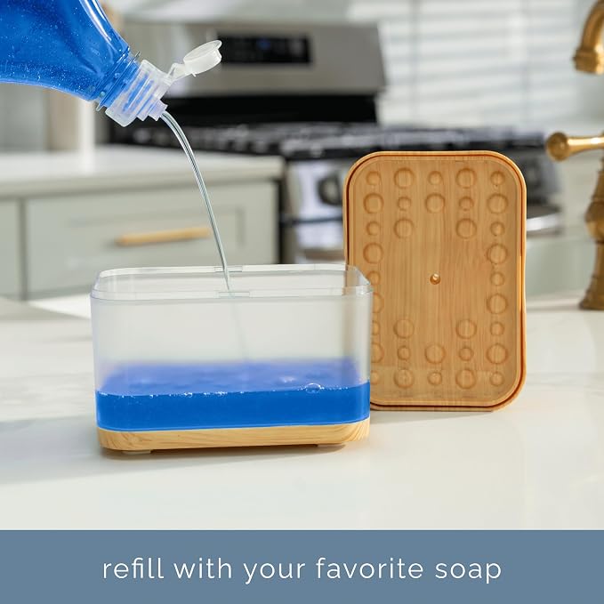 S&T INC. Dish Soap Dispenser and Sponge Holder, Plastic Bamboo | Patented Design - Image 3