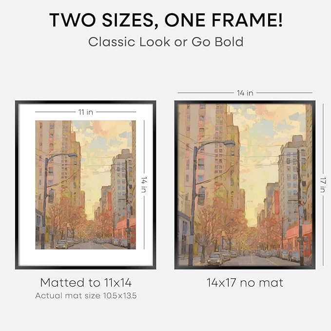 Homeforia 14x17 Picture Frame Black, High End Metal 14 x 17 Poster Frames with Mat 11 x 14 for Photo, 14x17 Black Frame Matted to 11x14 inch Print, 17x14 Thin Frame, Tempered Glass, Wall Kit, Set of 4