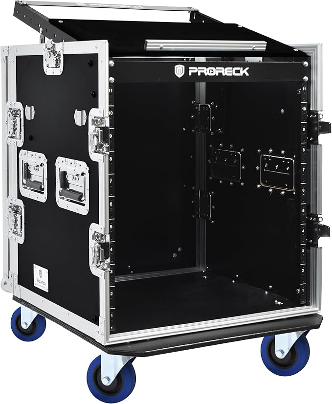 PRORECK 12U Rack/Road Case With Slant Mixer Top, One Side table And Casters, 20'' Rackable Depth, Plywood, 12U Installation Size, Pro Stage Performance.