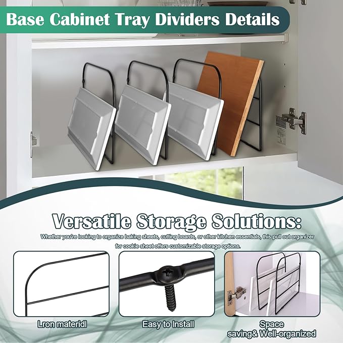 2 Pack Base Cabinet Tray Dividers 12x9 Inches Black Metal Sheet Rack Organizer Bakeware Container for Wall Base Kitchen Cabinets (2)