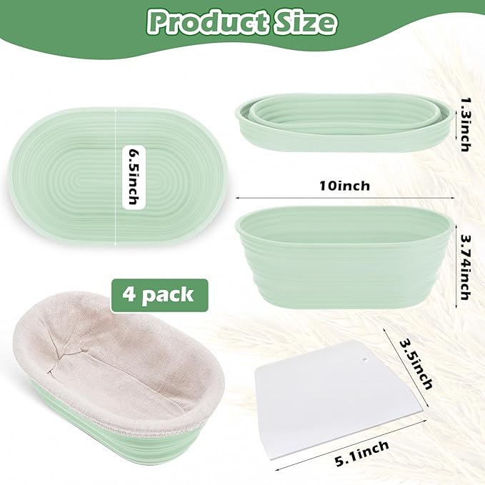 Nuogo 4 Pack Oval Bread Proofing Basket Silicone 10 Inch Collapsible Sourdough Bread Baking Supplies Dough Proofing Bowl with 4 Pcs Dough Scraper and 4 Pcs Basket Covers(Green)