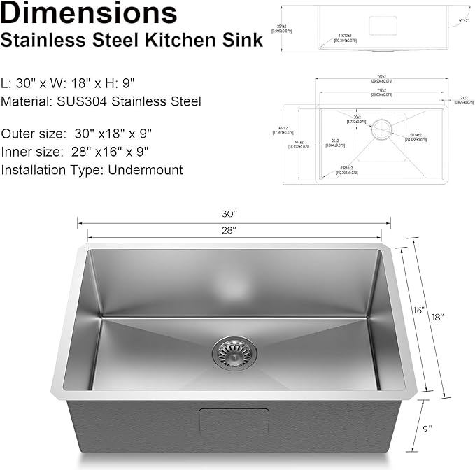 30 inch Undermount Handmade 18 Gauge Single Bowl Stainless Steel Kitchen Sink with Accessories