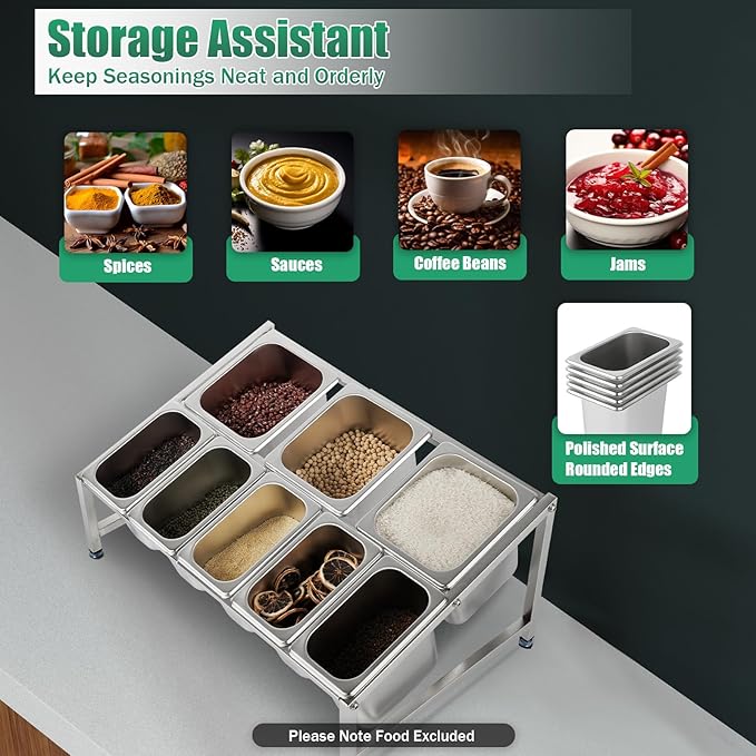 20"Pizza Topping Station with 8 Pans& Lids, Stainless Steel Food Pans Condiment Dispenser Food Container Countertop Spice Rack Organizer Holder for Seasoning Sauce Salad Jam Fruits Ingredients