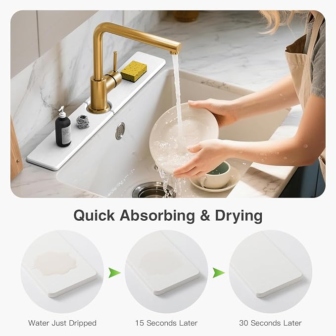 Premium Stone Faucet Mat for Kitchen Sink, 23.6" x 4" White | Quick Drying & - Image 3