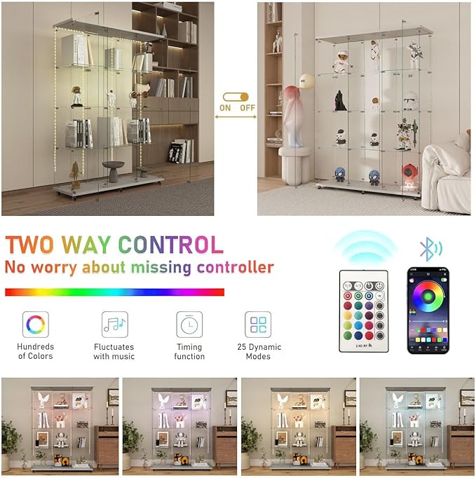 Yoluckea 4 Tiers Glass Display Cabinet Extra Large with Bluetooth LED Light Strip, 2 Doors Floor Standing Curio Cabinet with Universal Wheel for Home, White Glass Bookshelf for Collections, Wood Top