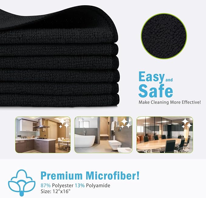 AIDEA Black Microfiber Cleaning Cloth-100PK, Reusable Cleaning Rags 12"x16" | - Image 2