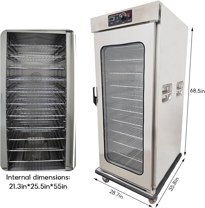 TECHTONGDA Commercial Heated Holding & Proofing Cabinet Mobile Food Warmer with Glass Door 11 Layers Stainless Steel Catering Case 86-185℉ 220V